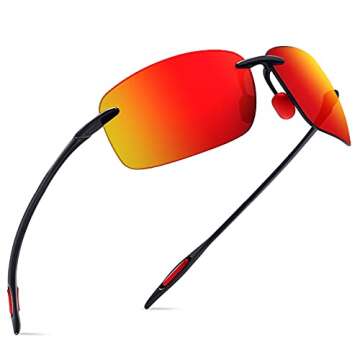 JULI Sports Sunglasses for Men Women Tr90 Rimless Frame for Running Fishing Golf Surf Driving(Black/Red)