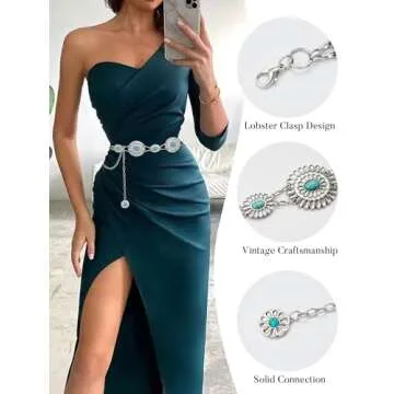 FIORETTO Western Cowgirl Turquoise Concho Chain Belt for Women Metal Waist Chain Boho Belts for Dres...