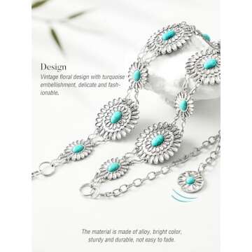 FIORETTO Western Cowgirl Turquoise Concho Chain Belt for Women Metal Waist Chain Boho Belts for Dress Jeans Country Concert Outfit Silver