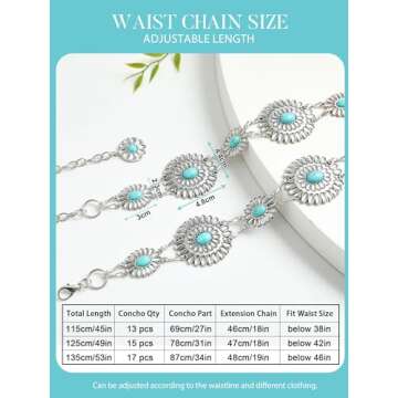 FIORETTO Western Cowgirl Turquoise Concho Chain Belt for Women Metal Waist Chain Boho Belts for Dress Jeans Country Concert Outfit Silver