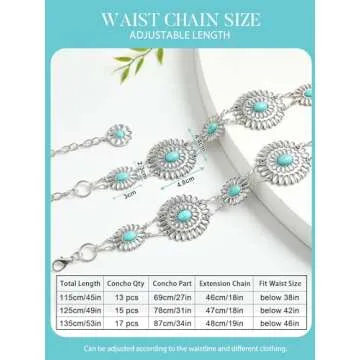 FIORETTO Western Cowgirl Turquoise Concho Chain Belt for Women Metal Waist Chain Boho Belts for Dress Jeans Country Concert Outfit Silver