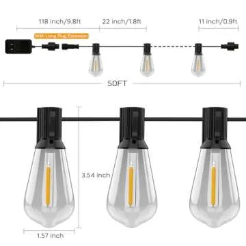 Apesaipu Outdoor String Lights 100ft ST38 Patio Lights with Waterproof Shatterproof 50(+2)LED Bulbs,Outside Hanging Vintage Edison Lights for Porch,Deck,Garden,Backyard,2500K Low Voltage (no dimmable)