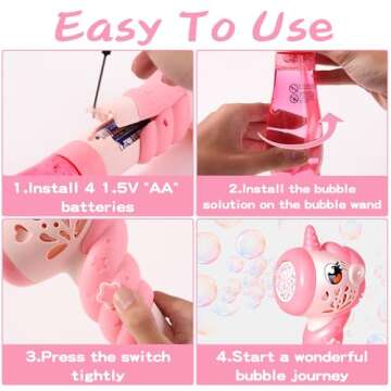 Unicorn Bubble Wand for Girls, Princess Bubble Machine Blower Maker with Light Christmas Basket Stuffers Outdoor Toy Gift for 1 2 3 4 5 6 7 8 Years Old Toddler Little Kids Include Bubble Solution