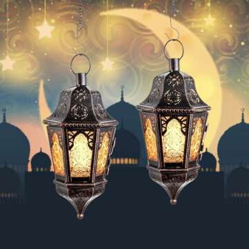 NEEDOMO Ramadan Decorations, Hanging Moroccan Lantern, 13.5'' Vintage Metal Candle Holder with 14.8" Chain, Ramadan Lanterns Decorative Indoor Outdoor for Home, Table, Patio, Porch
