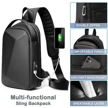 FENRUIEN Anti-Theft Crossbody Sling Backpack Bag for Men&Women Hard Shell with USB, Shoulder Pack Lock Waterproof 10.2 inch Single Strap for Travel Hiking