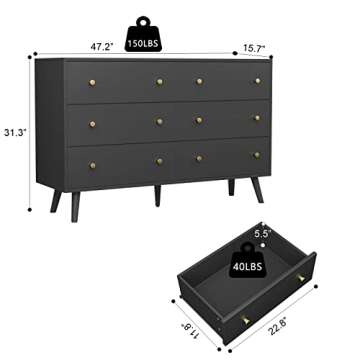 Modern 6 Drawer SINROM Black Dresser with Gold Handles