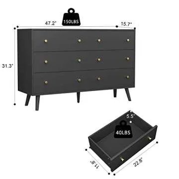 Modern 6 Drawer SINROM Black Dresser with Gold Handles