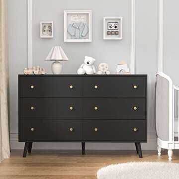Modern 6 Drawer SINROM Black Dresser with Gold Handles
