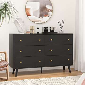 Modern 6 Drawer SINROM Black Dresser with Gold Handles