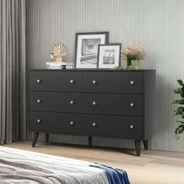 Modern 6 Drawer SINROM Black Dresser with Gold Handles