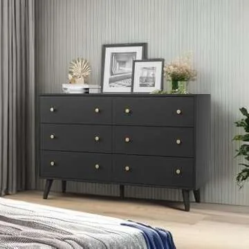 Modern 6 Drawer SINROM Black Dresser with Gold Handles