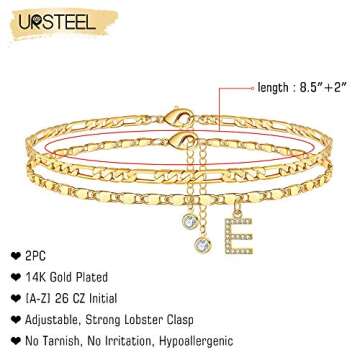 Ursteel Ankle Bracelets for Women, E Initial Anklet 14K Gold Plated Dainty Adjustable Layered Chain ...