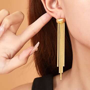 Aprilery Long Tassel Gold Dangle Earrings for Women, Trendy 14K Gold Plated Statement Drop Earrings ...
