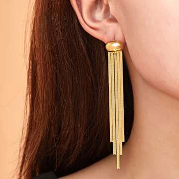 Aprilery Long Tassel Gold Dangle Earrings for Women, Trendy 14K Gold Plated Statement Drop Earrings Metal Chain Cocktail Party Jewelry Gifts for Her (Gold Cuff)