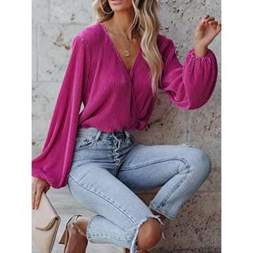 CUPSHE Women Long Lantern Sleeve Shirts Tops Dressy Casual Loose Fit V Neck Blousess,S Fuchsia