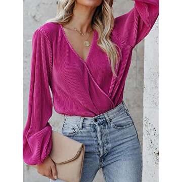 CUPSHE Women Long Lantern Sleeve Shirts Tops Dressy Casual Loose Fit V Neck Blousess,S Fuchsia