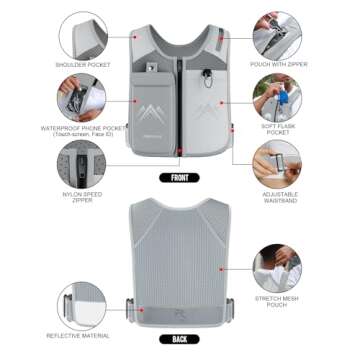 REVALI Running Vest, USA Original Patent, Zip Reflective Running Vests with 500ml Hydration Bottle, Adjustable Waistband & Breathable Material, Chest Pack Gear Phone Holder for Running, Men & Women