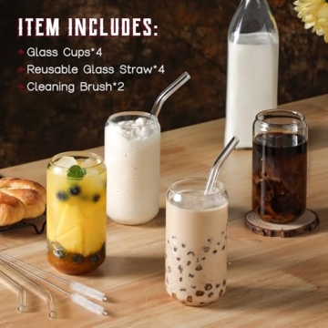 NETANY 16oz Drinking Glasses with Glass Straw 4pcs Set