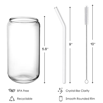 NETANY 16oz Drinking Glasses with Glass Straw 4pcs Set