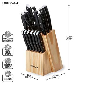Farberware Triple Riveted Knife Block Set, High Carbon-Stainless Steel Blades Ergonomic Handles, Includes Natural Pinewood, 15-Piece, Black Pine