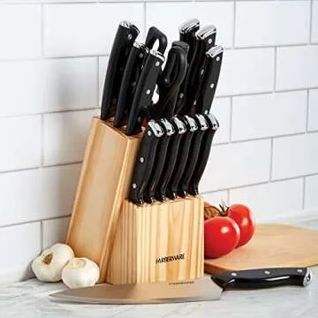 Farberware Triple Riveted Knife Block Set, High Carbon-Stainless Steel Blades Ergonomic Handles, Includes Natural Pinewood, 15-Piece, Black Pine