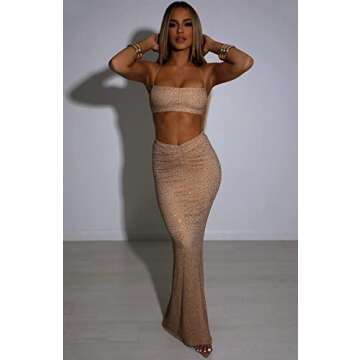 XLLAIS Women 2 Peice Spaghetti Strap Crop Top Maxi Skirts Set Sexy Glitter Sequin Bodycon Dresses Khaki Medium