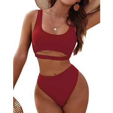 Blooming Jelly Women’s High Waisted Bikini Sets Sporty Crop Top Swimsuit in Wine Red