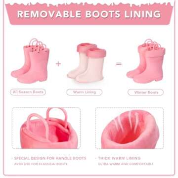 EUXTERPA Pink Kids Rain Boots, Girls Winter Rain Boots with Warm Lining, Toddler Waterproof Boots wi...