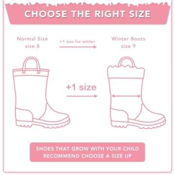 EUXTERPA Pink Kids Rain Boots, Girls Winter Rain Boots with Warm Lining, Toddler Waterproof Boots with Handles, Big kid size 2