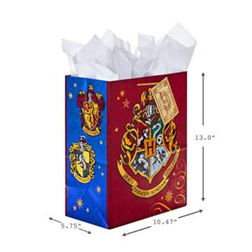 "Hallmark 13"" Large Gift Bag with Tissue Paper (Harry Potter, Hogwarts Crest) for Birthdays, Graduations, Parties and More", red, blue, hogwart's crest (5WDB6002)