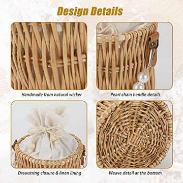 Welltop Summer Beach Rattan Bag, Rattan Straw Bag, Wicker Pearl Handbag Rattan Woven Bag for Women, Bohemian Straw Basket Vacation Essentials Cute Straw Totes Women's Gift