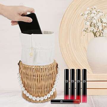 Welltop Summer Beach Rattan Bag, Rattan Straw Bag, Wicker Pearl Handbag Rattan Woven Bag for Women, Bohemian Straw Basket Vacation Essentials Cute Straw Totes Women's Gift