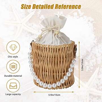 Welltop Summer Beach Rattan Bag, Rattan Straw Bag, Wicker Pearl Handbag Rattan Woven Bag for Women, Bohemian Straw Basket Vacation Essentials Cute Straw Totes Women's Gift