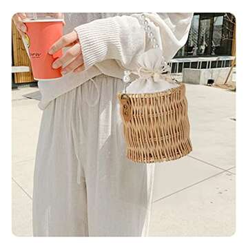 Welltop Summer Beach Rattan Bag, Rattan Straw Bag, Wicker Pearl Handbag Rattan Woven Bag for Women, Bohemian Straw Basket Vacation Essentials Cute Straw Totes Women's Gift
