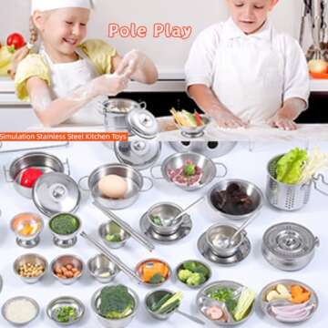 Mini Size Kids Kitchen Pretend Play Toys Accessories with Stainless Steel Cookware Pots and Pans Set...