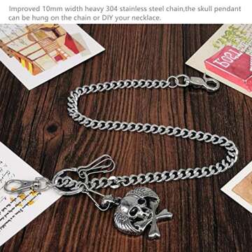 ABC STORY Mens Leather Skull Biker Wallet with Chain Bifold Steam Punk Gothic Chain Wallet Black