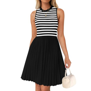 NENONA Women's Summer Sleeveless Mini Dress 2024 Crewneck Knit A Line Pleated Swing Casual Stripe Sh...