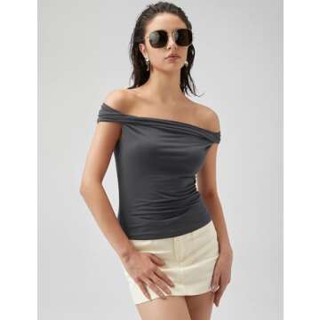 Micoson Womens Going Out Tops Off The Shoulder Shirts Sleeveless Crop Tank Tops Basic Fitted Cute Y2K Summer Sexy Club Clothes Grey Small