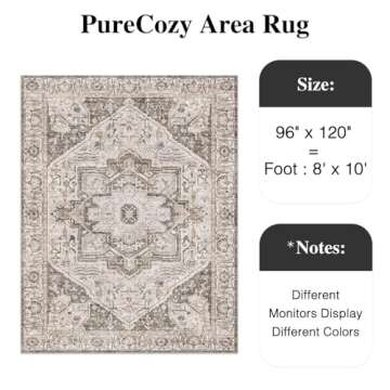 PureCozy Vintage Area Rug 8x10 Brown Washable Living Room Kitchen Indoor Carpet Non Slip Bedroom Traditional Medallion Distressed Retro Low Pile Accent Throw Large Rug Office Dining