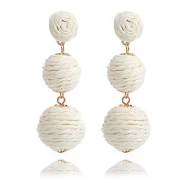 Bohemian Woven Rattan Straw Wicker Raffia Ball Drop Earrings - Lightweight Statement Jewelry