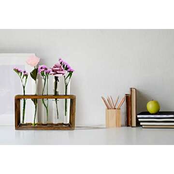 DOTLINE DECO Plant Terrarium Planter Flower Bud Vase Kit- Glass Tube Vase Propagation Station with Brown Wood Stand for Propagating Hydroponic Plants- Ideal for Office Home Wedding Garden Decoration