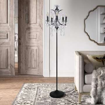 TOCHIC 5-Light Farmhouse Tranditional Crystal Floor Lamp, Black Craft Candelabra Lighting Fixture 65'' Tall for Living Room, Dining Room, Entryway, Bedroom