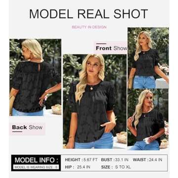 Dokotoo Womens Blouses Half Sleeve Shirred Tops Crewneck Lace Textured Flowy Casual Shirts