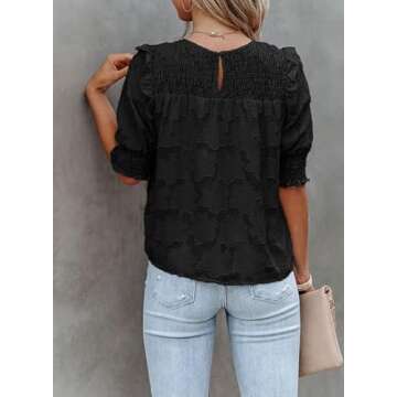Dokotoo Womens Blouses Half Sleeve Shirred Tops Crewneck Lace Textured Flowy Casual Shirts