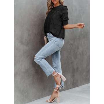 Dokotoo Womens Blouses Half Sleeve Shirred Tops Crewneck Lace Textured Flowy Casual Shirts