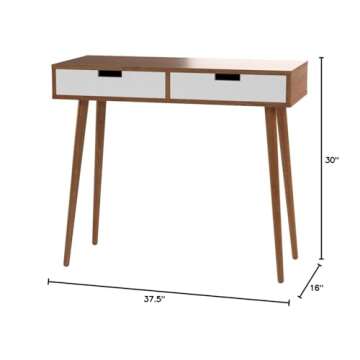 Light Walnut/White Console Sofa Table with Two Drawer - Mid-Century Style