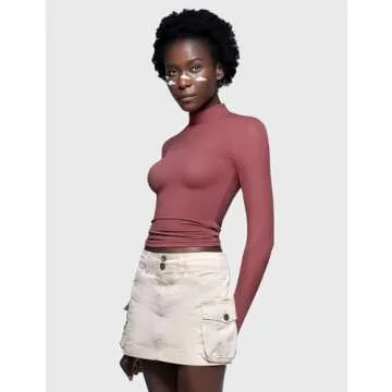 PUMIEY Long Sleeve Shirts for Women Turtleneck Slim Fit T Shirts Going Out Tops Basic Tee, Marsala Small
