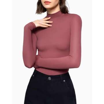 PUMIEY Long Sleeve Shirts for Women Turtleneck Slim Fit T Shirts Going Out Tops Basic Tee, Marsala Small