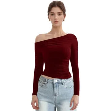 MISS MOLY Women's Off Shoulder Asymmetrical Top - Y2K Ruched Slim Tee Shirts in Burgundy