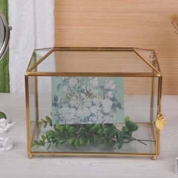 Bellaware Glass Wedding Card Box with Slot for Reception, Clear Large Wedding Gift Box with Lock, Handmade Wedding Memory Box Geometric Décor (10.2x5.9x7.9 inch - Gold)